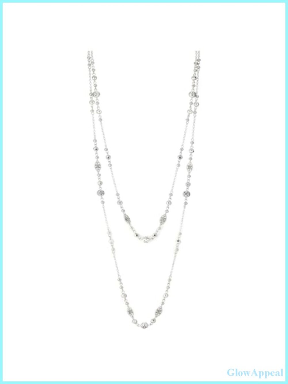 Silver Layered Beaded Necklace 42 37 Inch Pearl Stone Double Chain